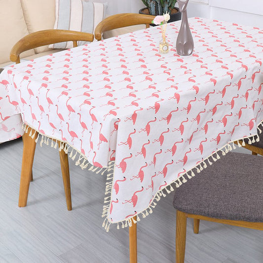 Rectangle Tablecloth Cotton Linen Table Cloth Dust-Proof Table Cover-White Flamingo