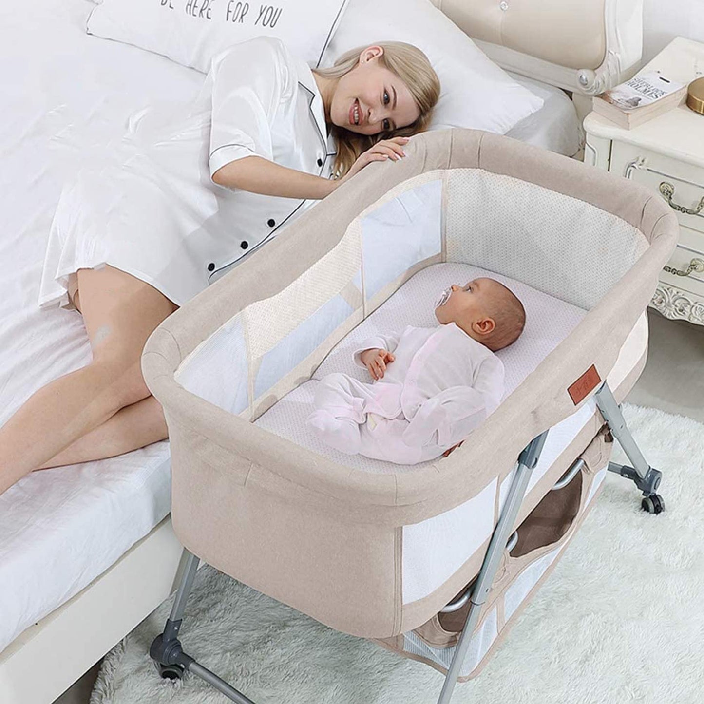 Cradle Crib Baby Rack, Foldable, Comes with Casters - Khaki