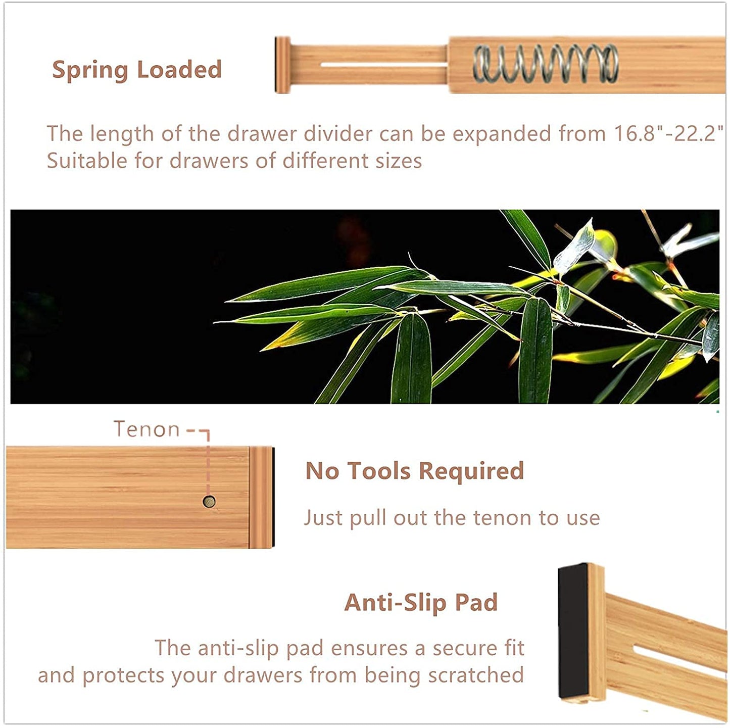 Adjustable Dividers Bamboo Expandable Drawer (Set of 4, 16.5 '' to 21.7")