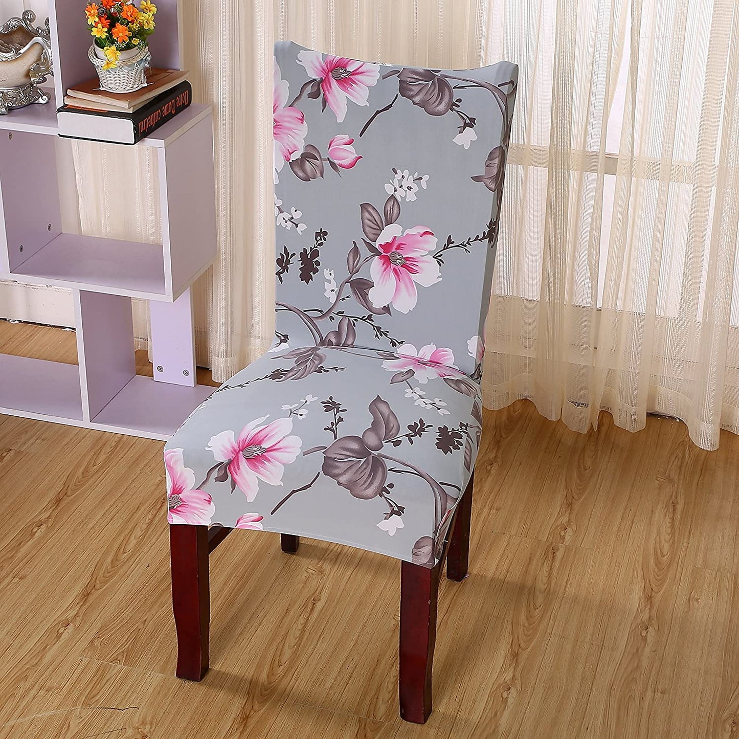 Printed Elastic Chair Cover - Grey Pink Flower