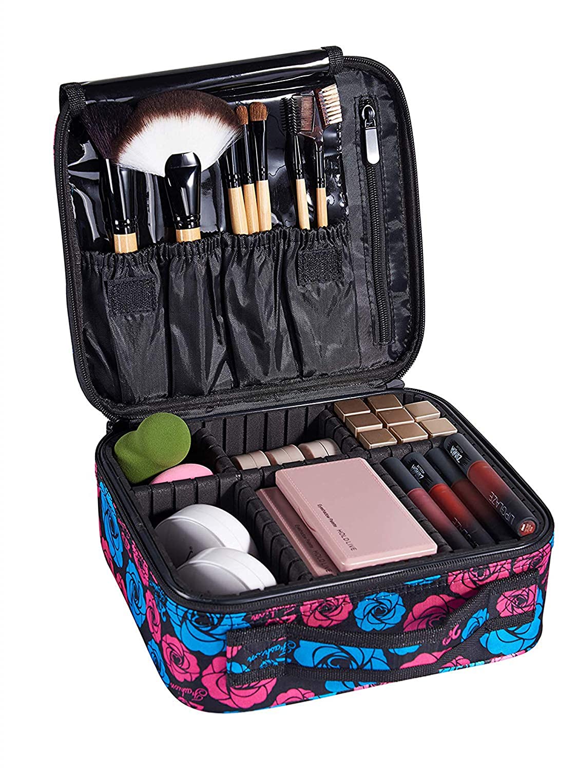 Makeup Cosmetic Storage Case with Adjustable Compartment (Blue Pink Roses)