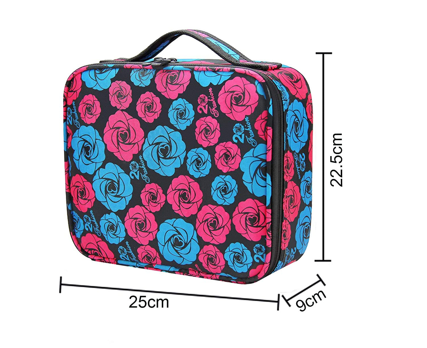 Makeup Cosmetic Storage Case with Adjustable Compartment (Blue Pink Roses)