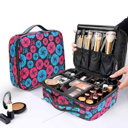 Makeup Cosmetic Storage Case with Adjustable Compartment (Blue Pink Roses)