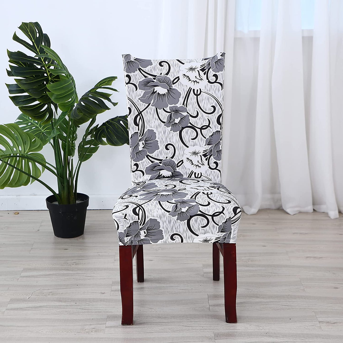 Elastic Chair Cover (White/Grey Flower)