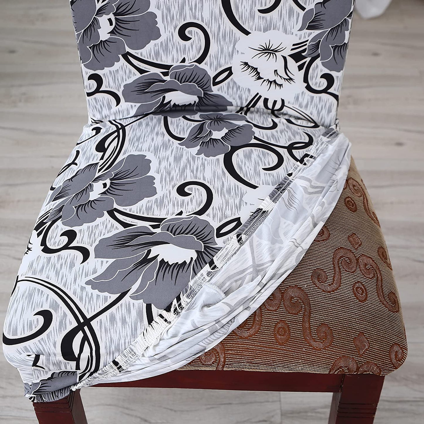 Elastic Chair Cover (White/Grey Flower)