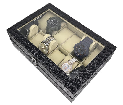 Wrist Watch Organizer and Display Case 12 Slots - Black