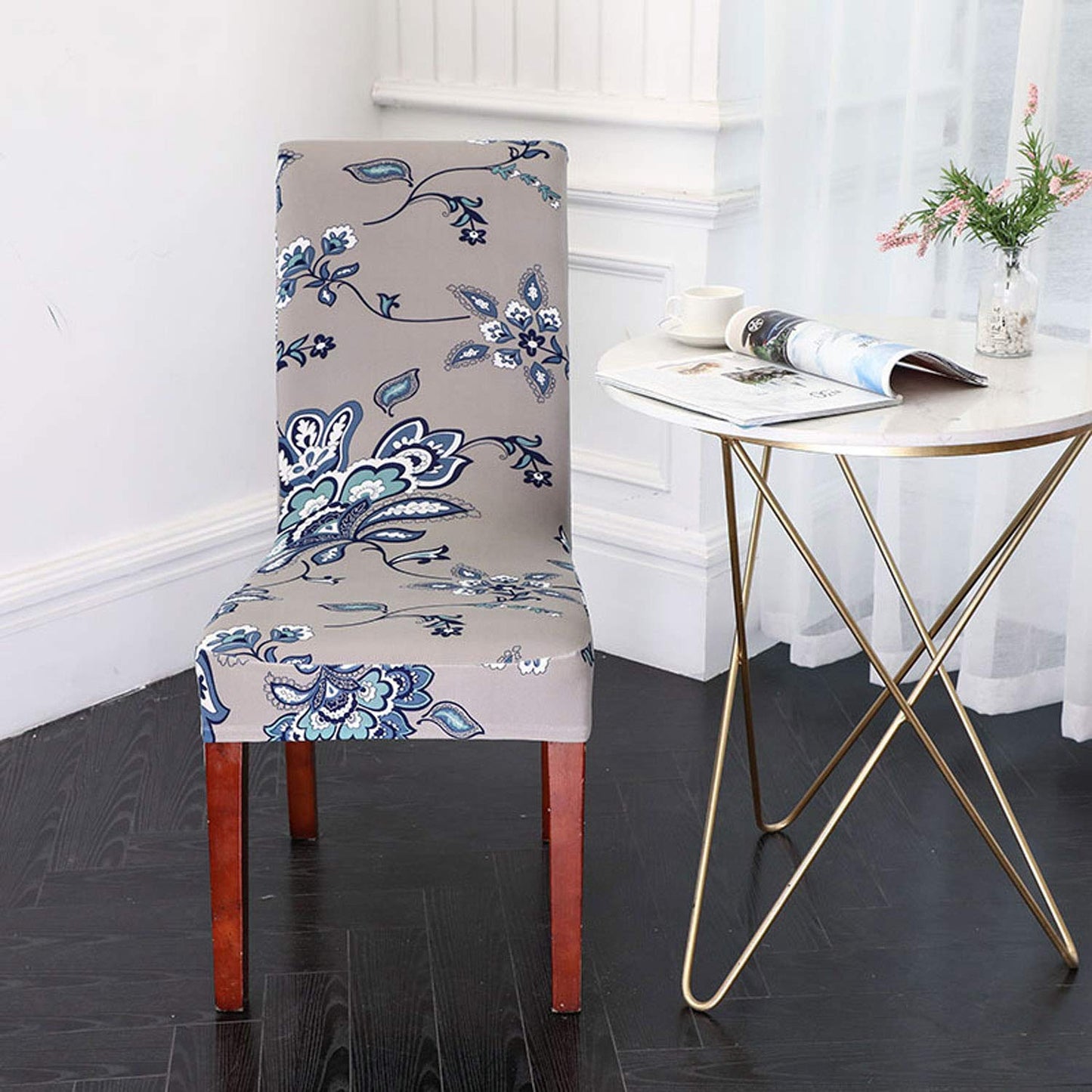 Printed Elastic Chair Cover - Sand Blue Flower