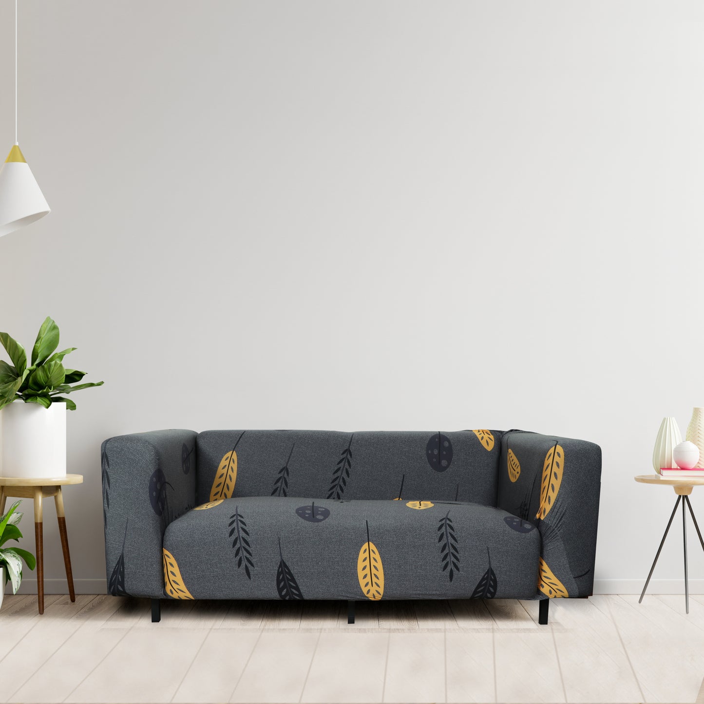 Printed Sofa Cover - Grey Mustard Leaf